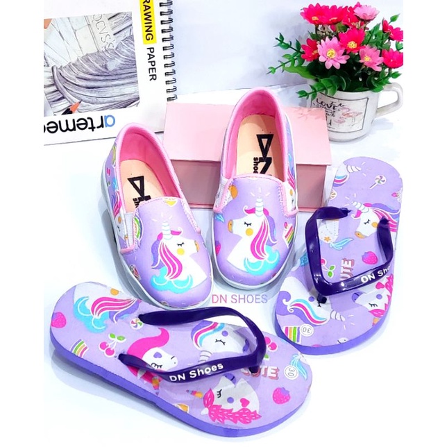 Sepatu Anak Perempuan Paket Sepatu dan Sandal Jepit Anak Lucu Motif Unicorn Cute Ungu