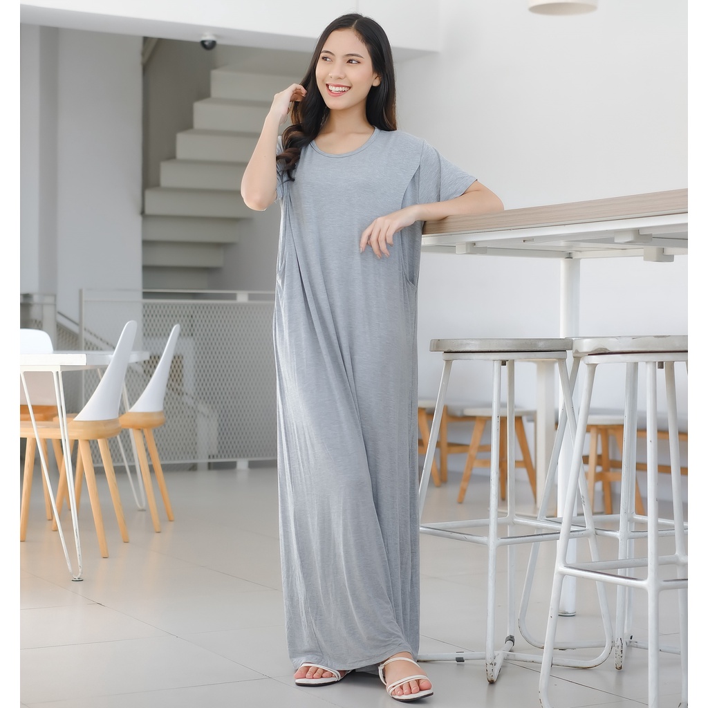 Baju Menyusui Panjang Semata Kaki Long Dress Busui | Laura Maxi Bukaan Samping Kanan Kiri | Baju Hamil Bisa Melar