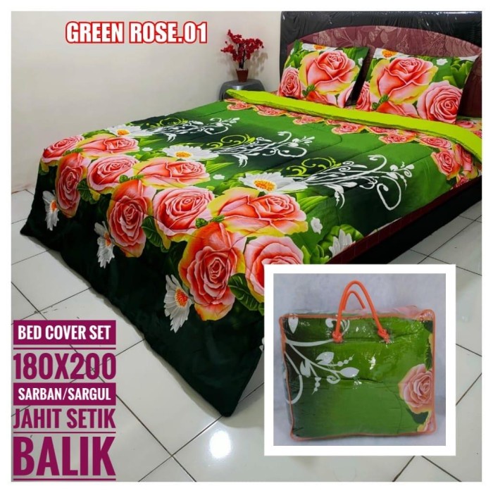 Galeripuko - BEDCOVER 1 SET King Ukuran 180 Rumbai Green Rose
