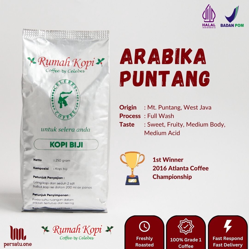 

Kopi Arabika Puntang Biji/Giling Halus/Medium | CELEBES COFFEE | Kemasan 100, 250, dan 500 gram