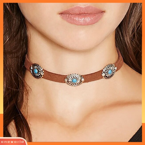 [WONE] Retro Wanita Turquoise Bunga Beludru Choker Kerah Kalung Gaya Etnik Boho