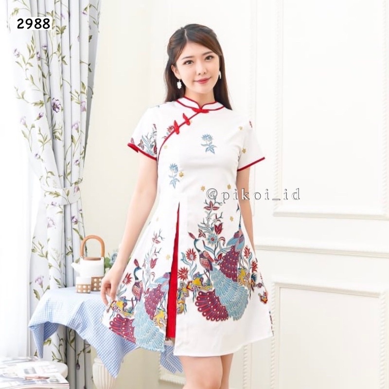 Dress merah batik sangjit / Cheongsam batik couple seragam keluarga qipao / congsam peacock putih