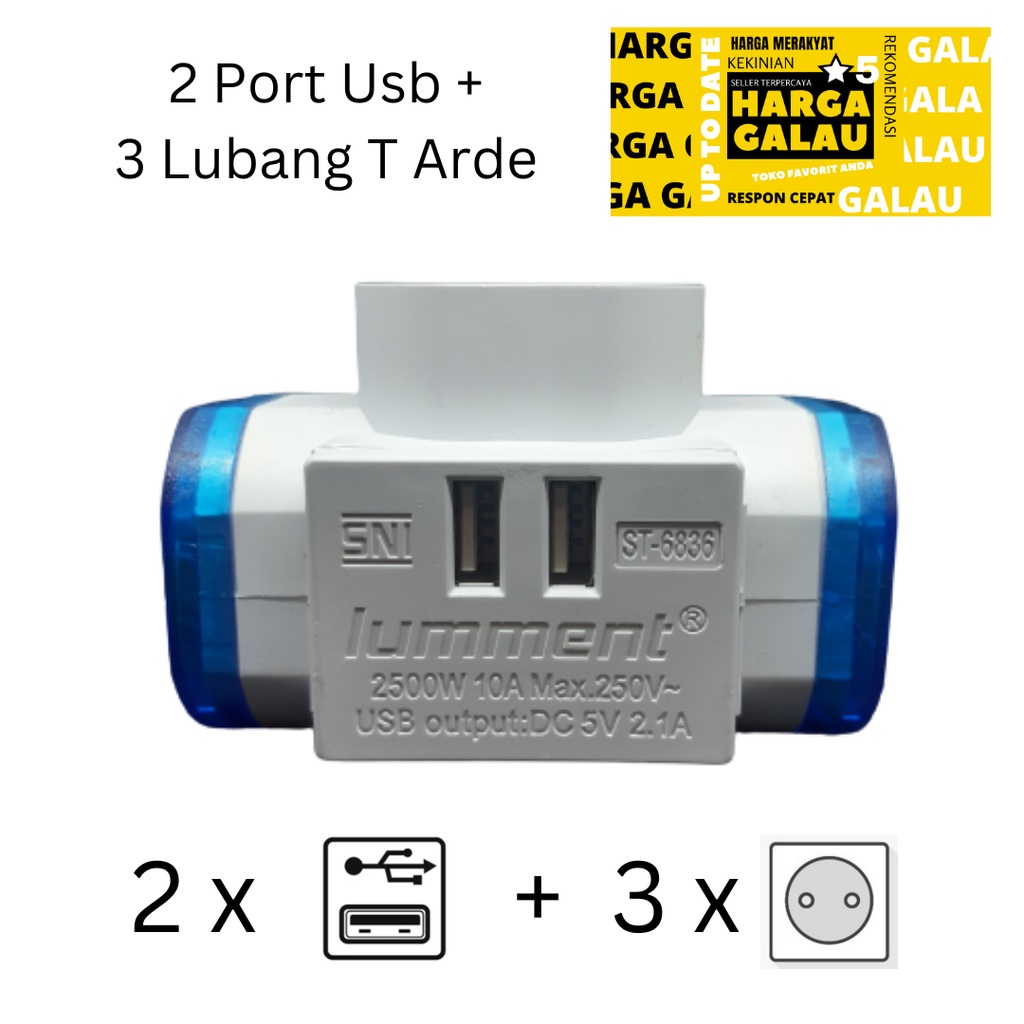 Colokan 2Usb + 3 lubang Arde SNI / T Multi 2 Port Usb Cabang 3 Socket Power