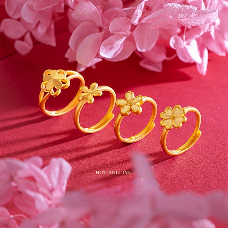 Goldkingdom Perhiasan Fashion Emas Asli Kadar 375 Bangkok Aksesoris Ready Stock Jepang Dan Korea Selatan Bunga Kecil Yang Manis Perempuan Jieqi Rumput Beruntung Berlapis Emas Butik Cincin Yang Dapat Disesuaikan