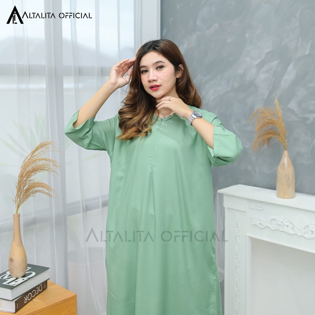 Altalita - Daster Polos Panjang Lengan Tangan 3/4 Semata Kaki Busui Home Dress Gamis Rayon Polos Jumbo LD 120 Long Dress Polos Tangan Panjang Bahan Katun Rayon Adem Tebal Premium