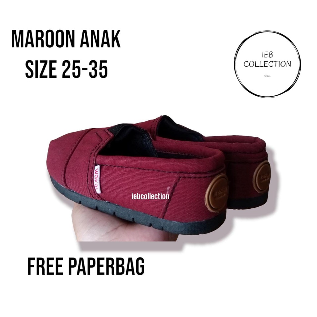 sepatu wakai anak maroon polos unisex size 25-35 free paperbag