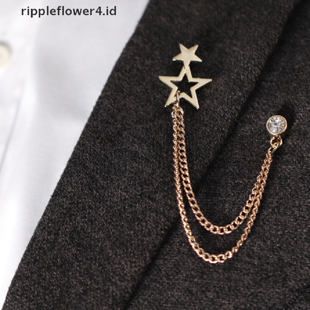 {rippleflower4.id} Retro Crystal Jam Bros Setelan Baju Rumbai Rantai Lapel Pin Wanita Pria Perhiasan~