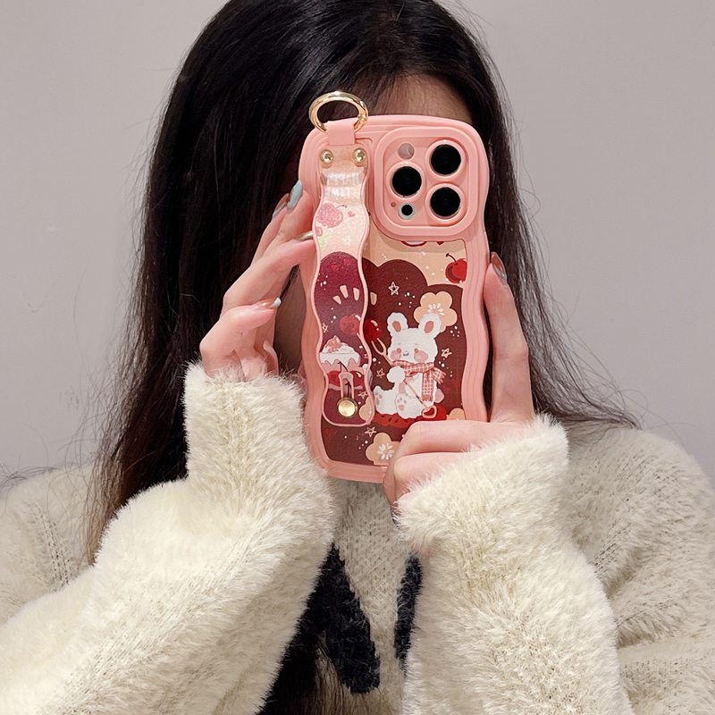 Wave Wrist strap Leather Soft Case iPhone 6S 7 8 Plus XR XS Max 11 12 13 14 Pro Max 14 Plus Protect Phone Case Cute Cherry Rabbit Pink