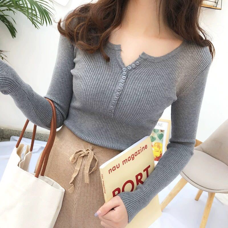 MOOGU ♡ Kaos wanita rajut warna solid t shirt lengan panjang baju