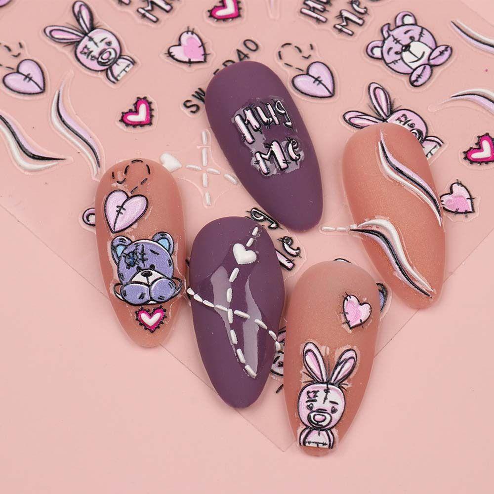 AUGUSTINA Agustina Kartun Stiker Kuku 5D Relief Lucu Valentine Day Nail Art Kelinci Manicure Aksesoris Panda Nail Art Dekorasi