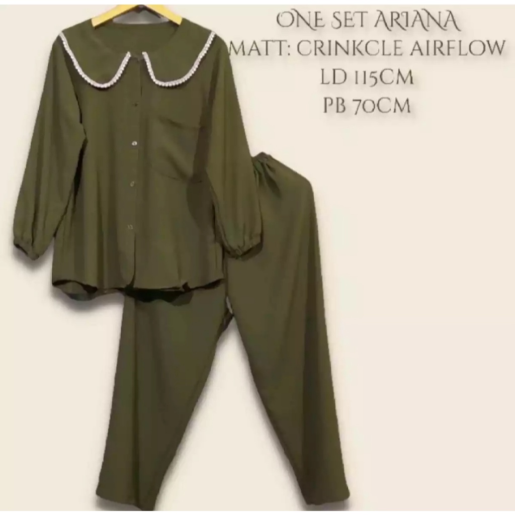 Ramdan Collection | Ariana One Set Crinkle Airflow Kerah Mix Renda Model Terbaru 2022 Setelan Wanita Kekinian Lengan Panjang Atasan Blouse Blus Set Celana