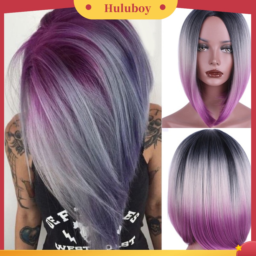 Wig Rambut Ekstensi Model Pendek Lurus Warna Gradasi Tahan Panas Untuk Wanita