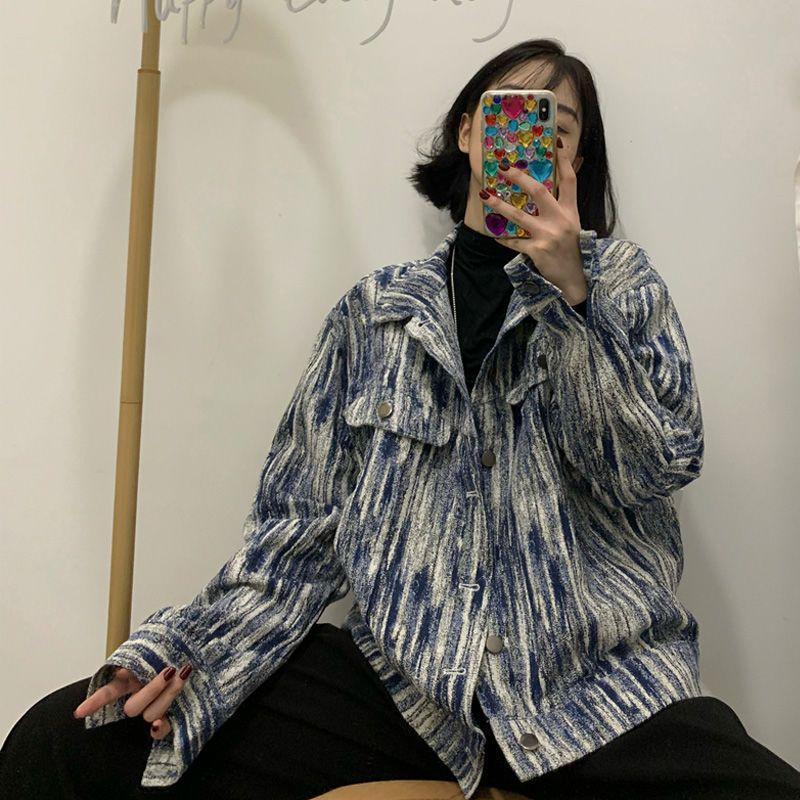 Jaket Denim Wanita Mahasiswa Longgar Retro Tie-Dye Jaket Wanita