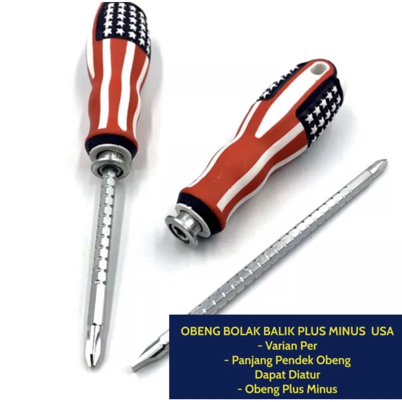 Obeng USA Amerika Bolak Balik PER 2 Way Minus Plus BB America 2 in 1 4 Inch Gagang Karet