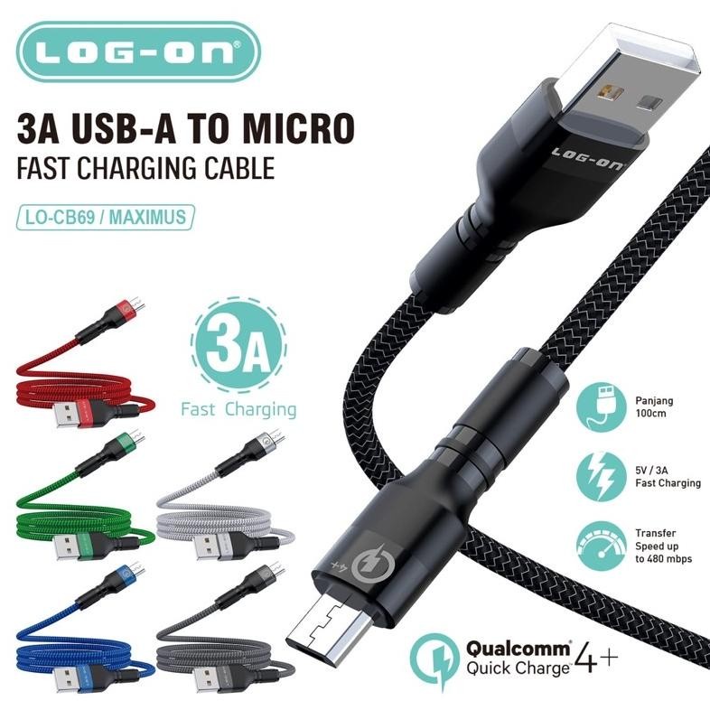 LOG ON KABEL CHARGER MICRO USB 3A LOG ON MAXIMUS QUALCOMM 4+ LO-CB69 KABEL DATA CABLE SUPPORT FAST CHARGING