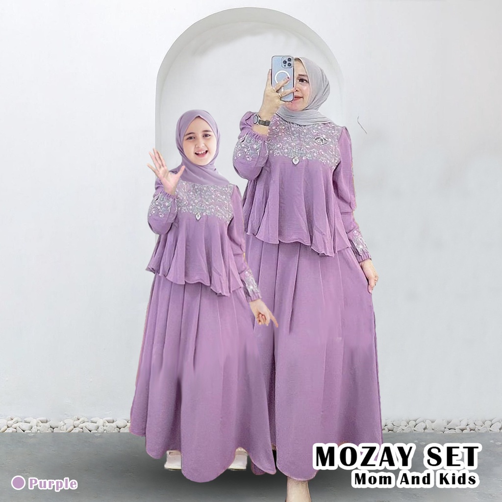 Couple Ibu Anak Perempuan Mozay Set Bahan Crinkle Premium Mix Bordir Motif Bunga Setelan Atasan Dan 