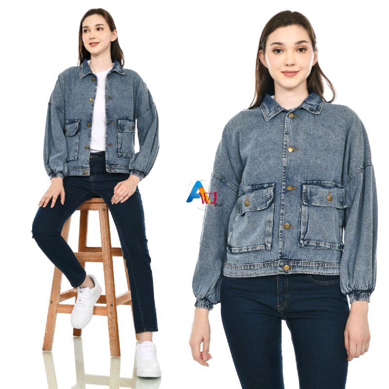 Jacket Oversize Jeans Wanita Lengan Balon Vintage Jacket Jeans Terbaru Trendy dan Kekinian