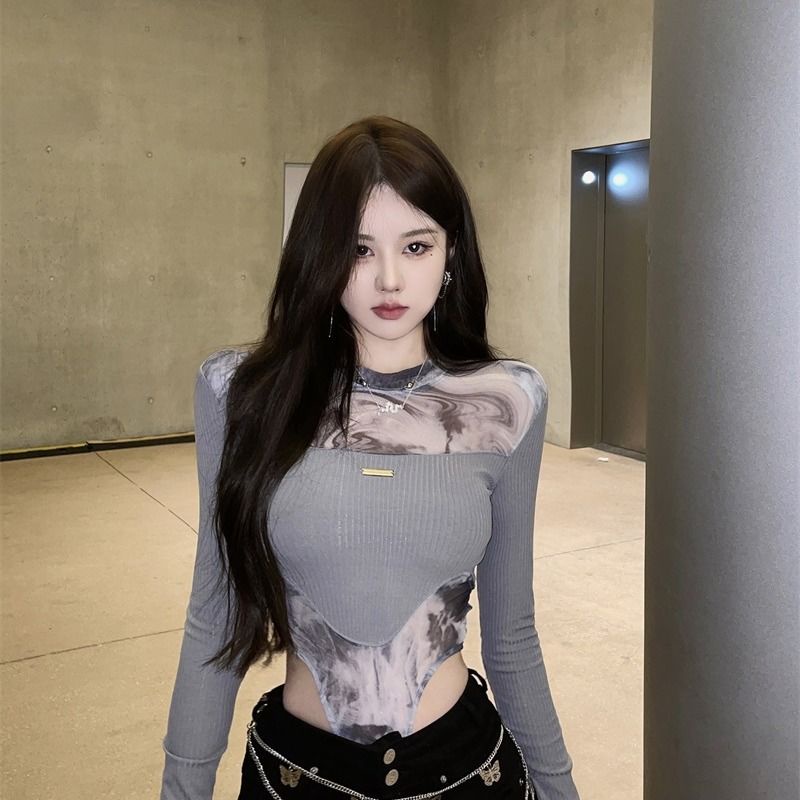 ▤❏▤Suhao ink smudged long-sleeve babes one-piece top women s mesh splicing advanced design sense niche pure desire wind jumpsuit