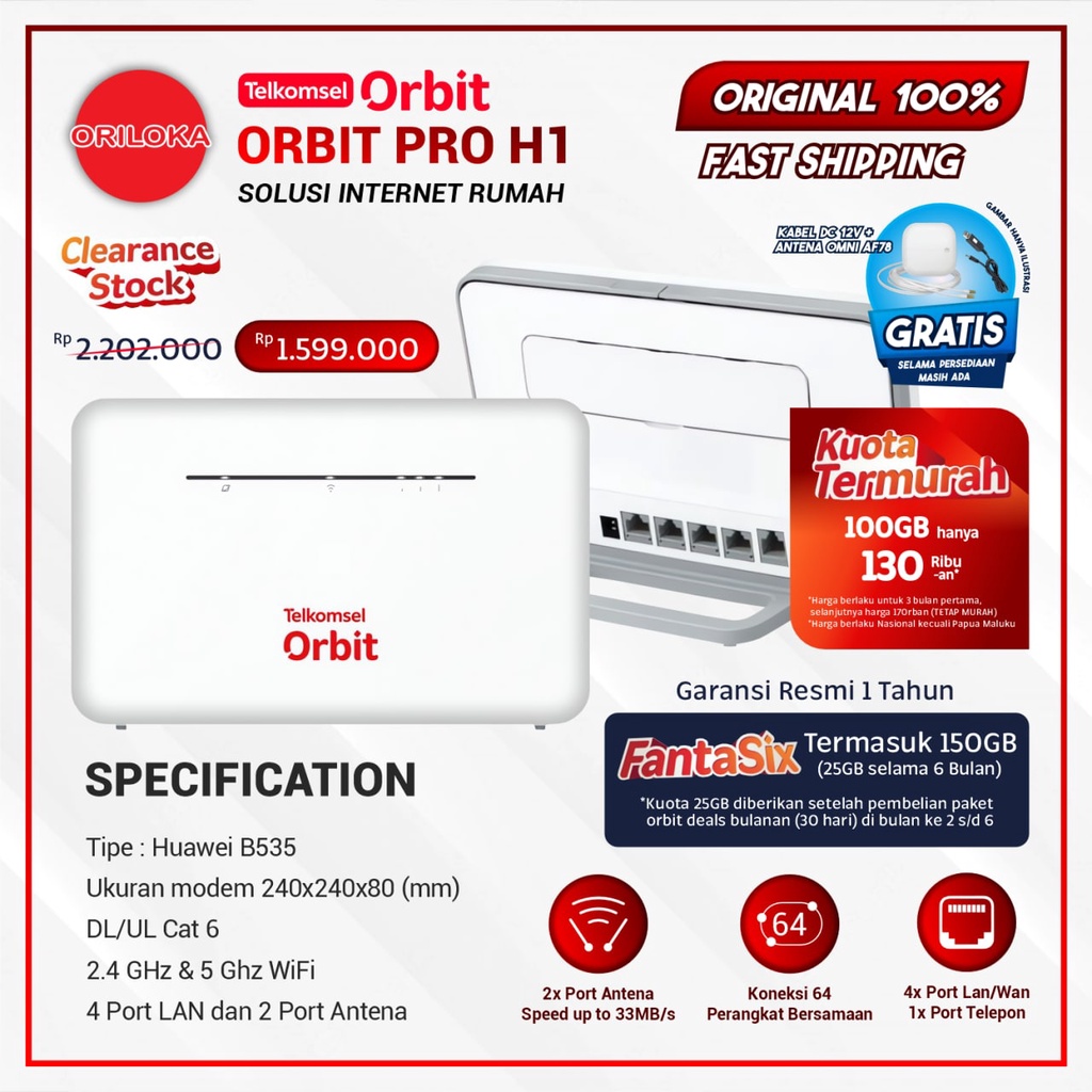 Modem Telkomsel Orbit PRO H1 B535 Router Free Paket 150GB - Garansi Resmi