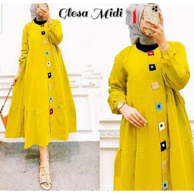 Glesa Midi Dress Wanita Kekinian Polos Lengan Panjang Busui Terbaru Bahan Rayon Premium