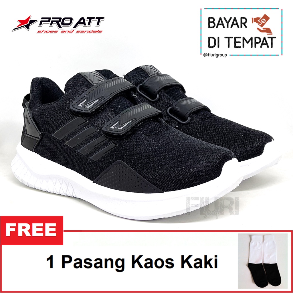 FIURI - Pro ATT - PI 600 PEREKAT 35-38 HITAM PUTIH - Sepatu Kets Anak Laki-Laki - Sepatu Sneakers Anak - Sepatu Olahraga Sport Anak Balita Cowok Perekat - Sepatu Casual PEREKAT Magnet Anak Kecil - Sepatu Sekolah Hitam Anak Laki-Laki PAUD TK SD Murah