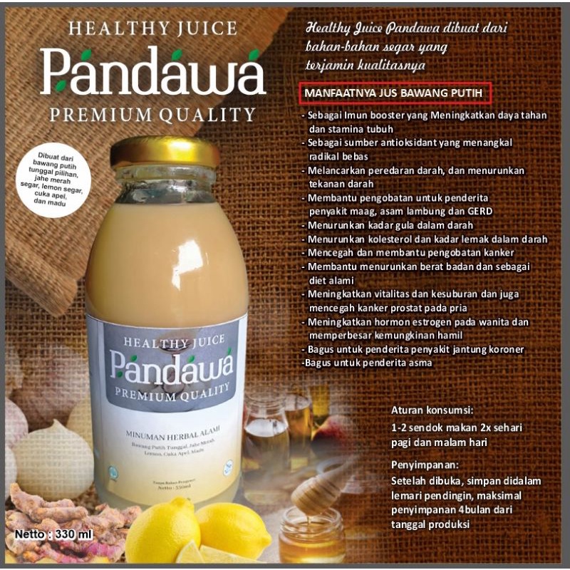 

HEALTHY JUICE PANDAWA - JUS BAWANG PUTIH TUNGGAL, JAHE MERAH, LEMON, CUKA APEL HALAL, MADU