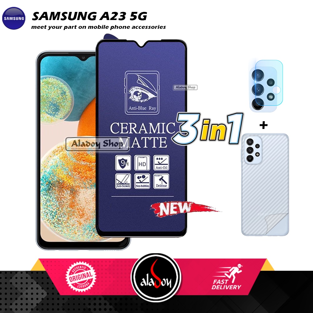 PAKET 3IN1 Anti Gores Blue Matte Anti Glare Samsung A23 5G + Tempered Glass Camera dan Skin Carbon