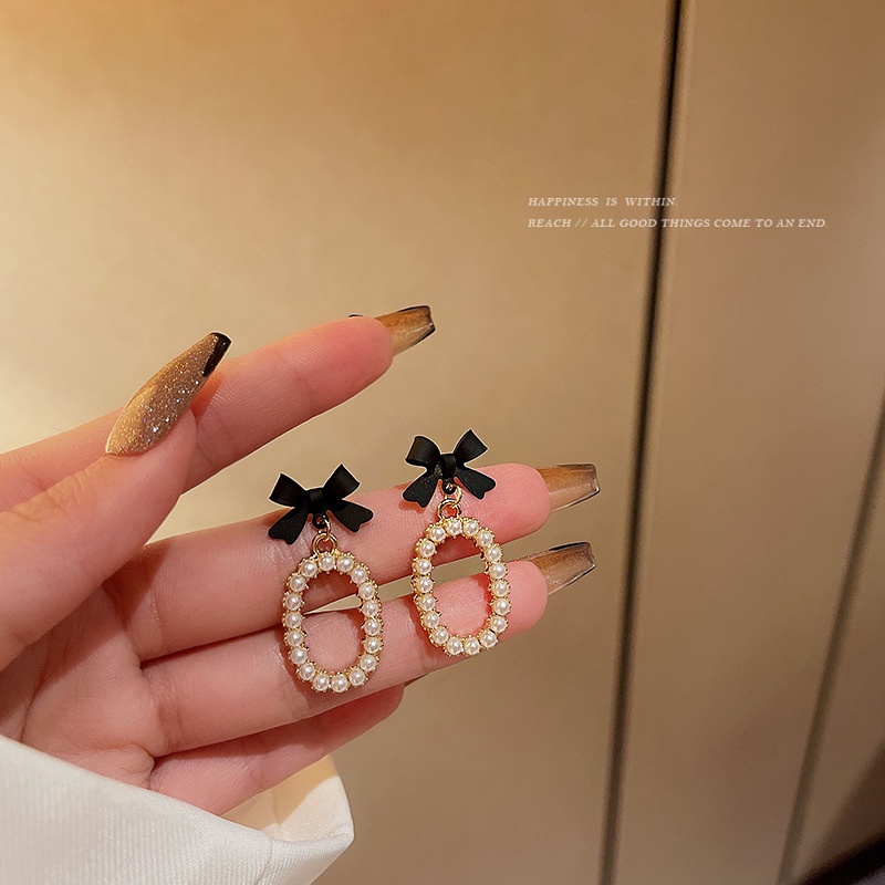 AY(CN) Fashion Anting Busur Hitam Anting Tusuk Mutiara Emas Drop Earring Untuk Aksesoris Perhiasan Wanita