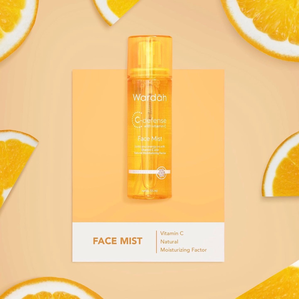 WARDAH C-Defense Face Mist Indonesia / Penyegar Wajah 55ml / Spritz Your Energy On With Hi-Grade Vitamin C And Natural Moisturizing Factor / Skincare Care Series / Pelembab / Energizing Creamy Wash Whip Foam Serum DD Cream Sleeping Mask Mousse Moisturizer