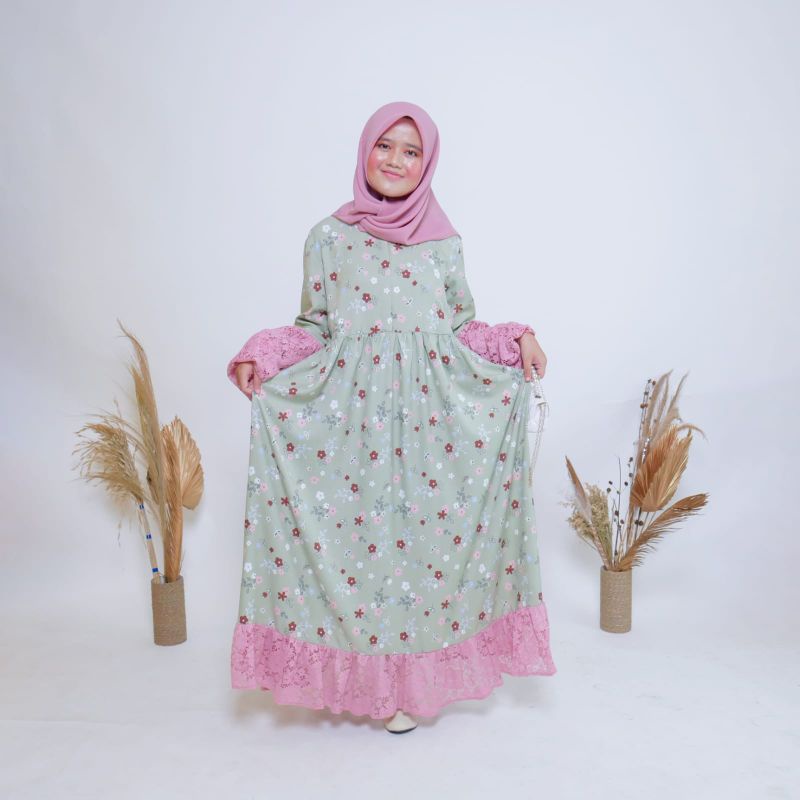 Hapsari - Rahima Dress Korean Sage Green | Gamis Busui Bunga | Brokat Lace