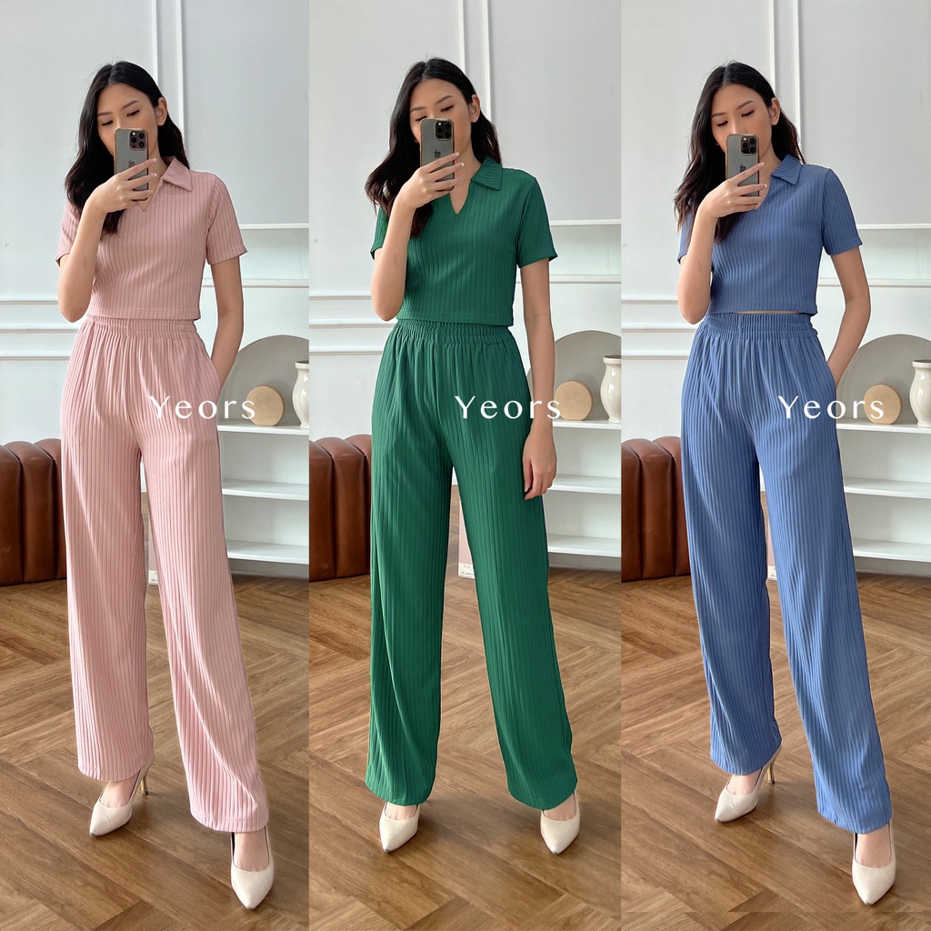 Yeors - Rib Knit Sierra Set Crop Korean Polo Top and Pants Rib Knit Premium  - Baju Atasan dan Celana Wanita Murah Berkualitas - Korean Loose Pants Trousers Wanita - Loungewear - Setelan Baju Wanita - Women Top Knitwear -  Crop Top Murah