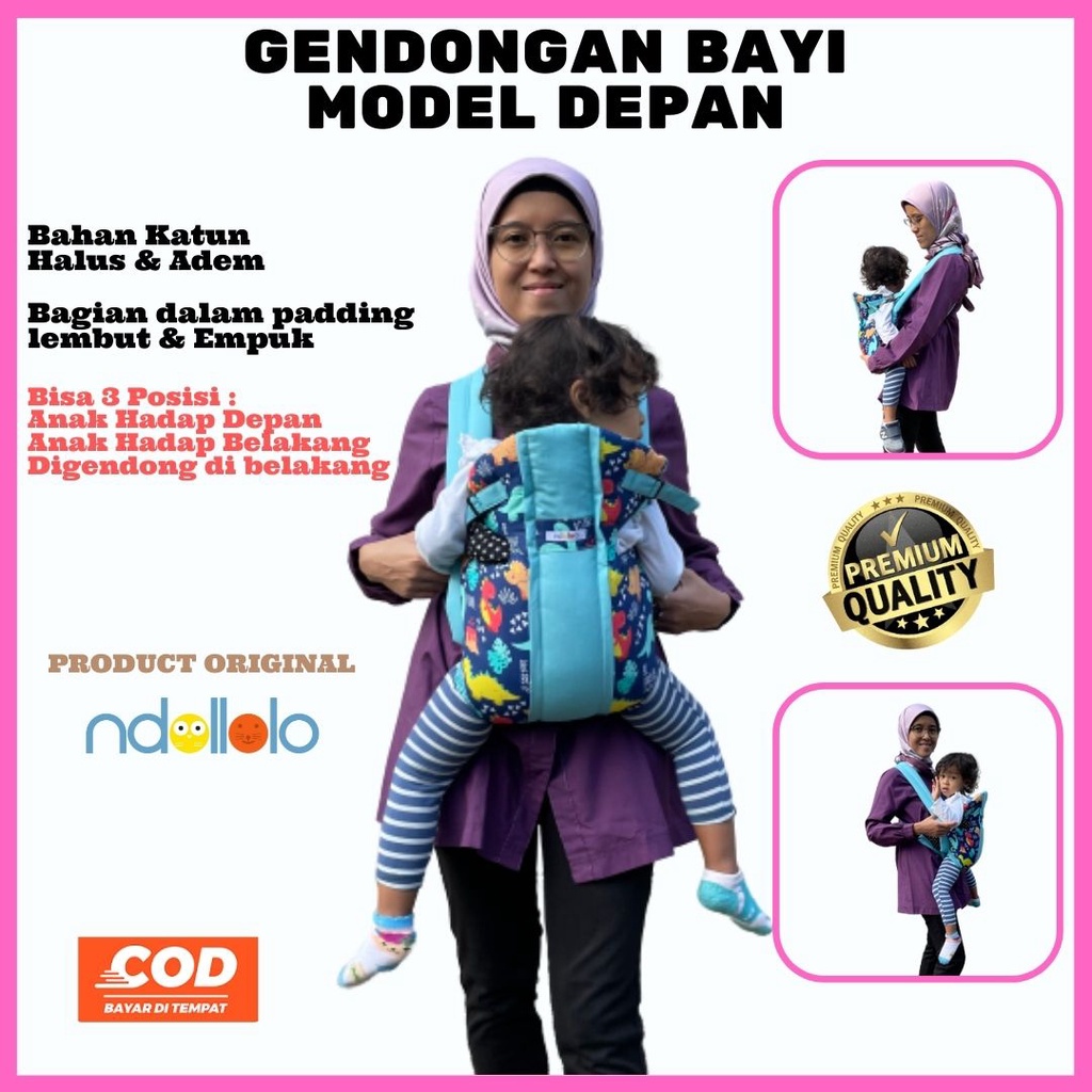 Gendongan Bayi Depan Belakang Murah Bahan Katun Bukan Kaos Dengan Pelapis Busa Padding Lembut Ndollolo