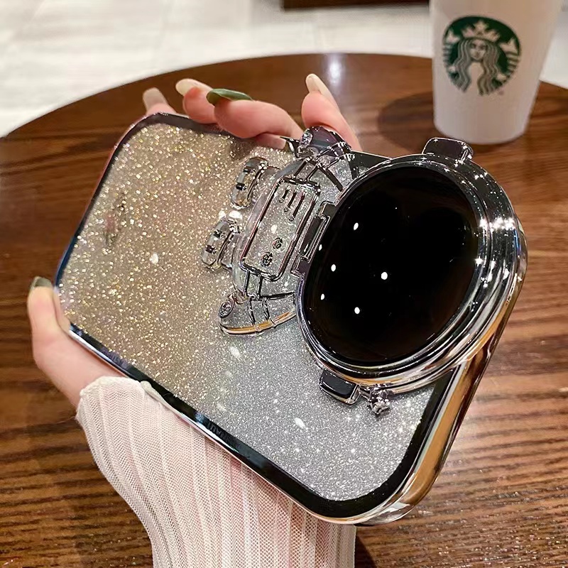 IPHONE Mewah Plating Glitter Astronot Berdiri Perlindungan Lensa Casing Ponsel Kompatibel Dengan Iphone11 12 13 14 Pro Max14 plus XR Kreatif Clamshell Shockproof Back Cover