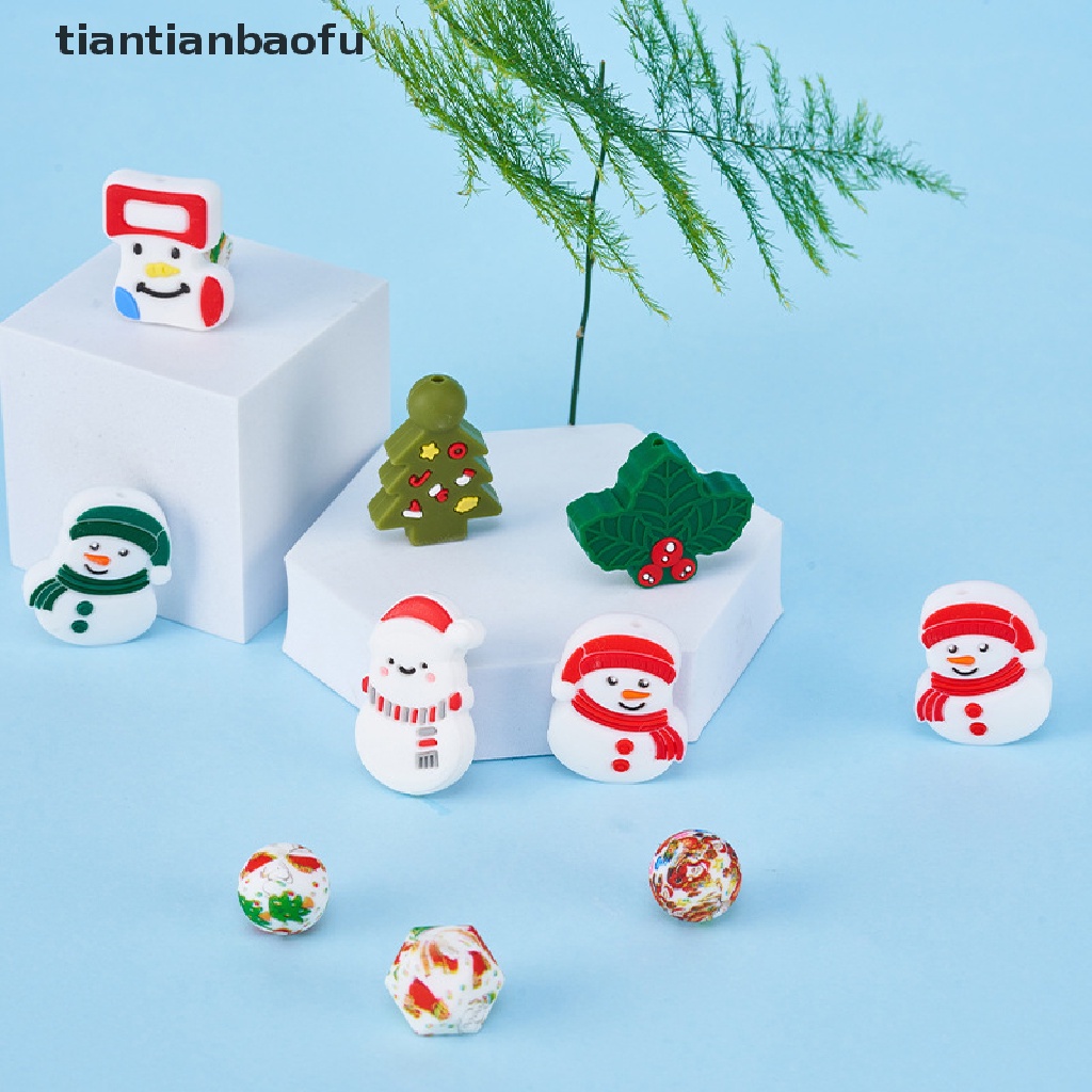 [tiantianbaofu] 1 Pcs Santa Claus Snowman Kaus Kaki Natal Manik-Manik Silikon Food Grade Silicone Teether DIY Dot Rantai Kalung Bayi Molar Butik