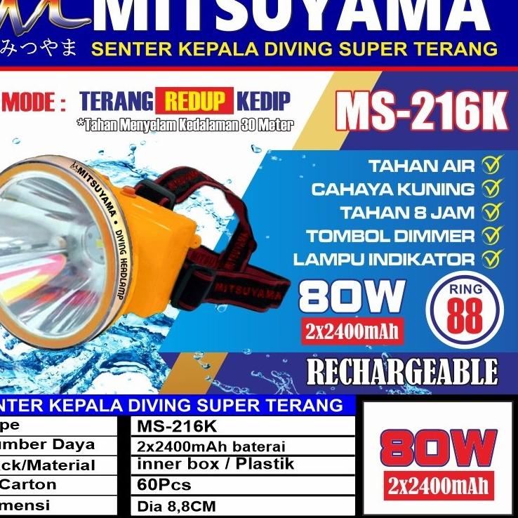 Murah Spesial COD✅Senter Kepala Selam Diving 80 Watt Mitsuyama MS-216P/K / Head Lamp Diving 80Watt / Senter Kepala Mitsuyama MS 216P &amp; MS 216K 80 Watt Ring 88 / SENTER KEPALA SUPER TERANG MS-216P - MS-216K 80 WATT / MS 147P - MS 147K / MS-170P - MS-170K /