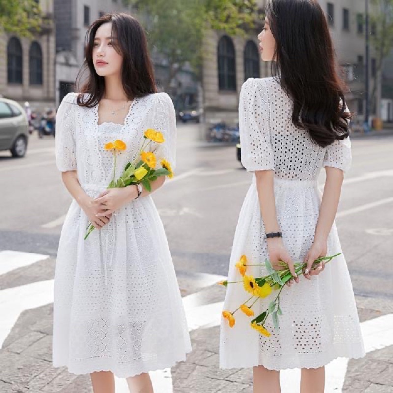 Embroidery Cotton Dress Midi Korean Style - Dress Pesta Katun Bordir