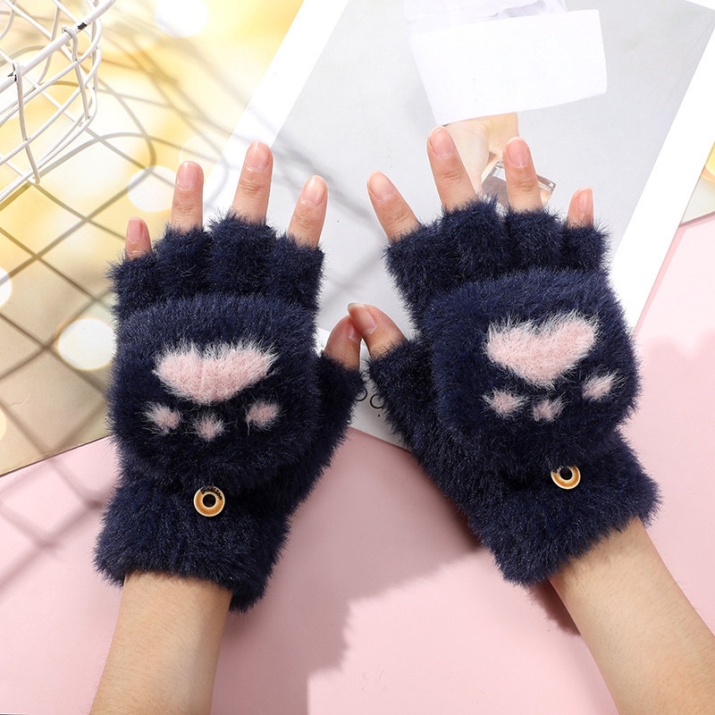 Sarung tangan bulu wanita winter gloves woman women import hangat lembut half finger fingerless 2in1 cat glove musim dingin paw kucing