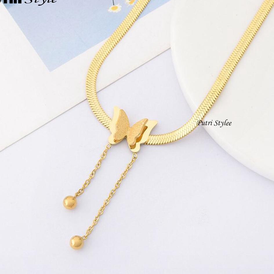 PUTRI Style - Kalung Titanium Anti Karat Model Terbaru - Kalung Anak Gepeng Emas Liontin Kupu - Kupu Import - Kalung Wanita Gepeng Liontin Kupu - Kupu
