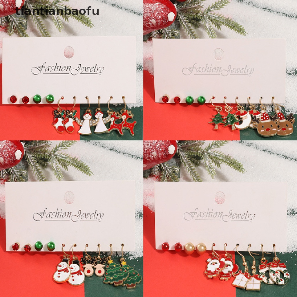 [tiantianbaofu] 5pasang Fashion Anting Natal Xmas Tree Brown Elk Snowman Santa Claus Stud Earrings Christmas Drop Earrings Pesta Telinga Perhiasan Aksesoris Butik