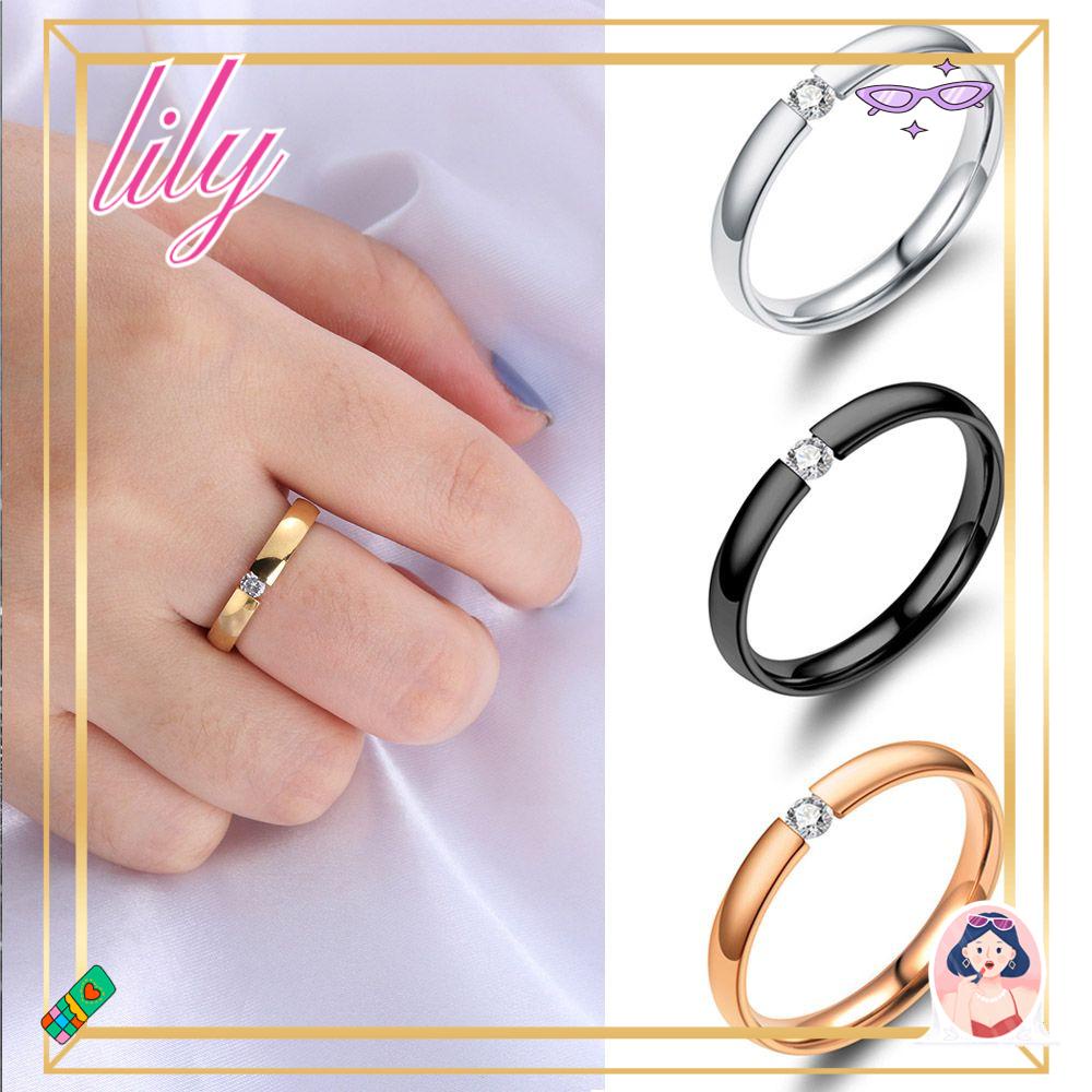 Lily Cincin Couple Wanita Pria Size 5-13 Lamaran Hadiah Kristal Padat CZ