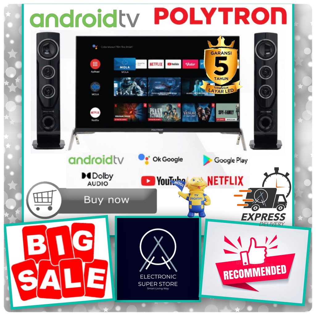 TV LED 43INCH POLYTRON PLD43TAG5959 43TAG ANDROIDSMART TV DOUBLE TOWER CINEMAX SPEAKER POLYTRON