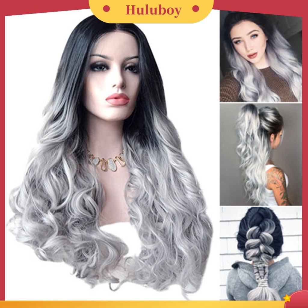 Wig Rambut Keriting Panjang Warna Gradasi Silver Abu-Abu Adjustable Untuk Makeup