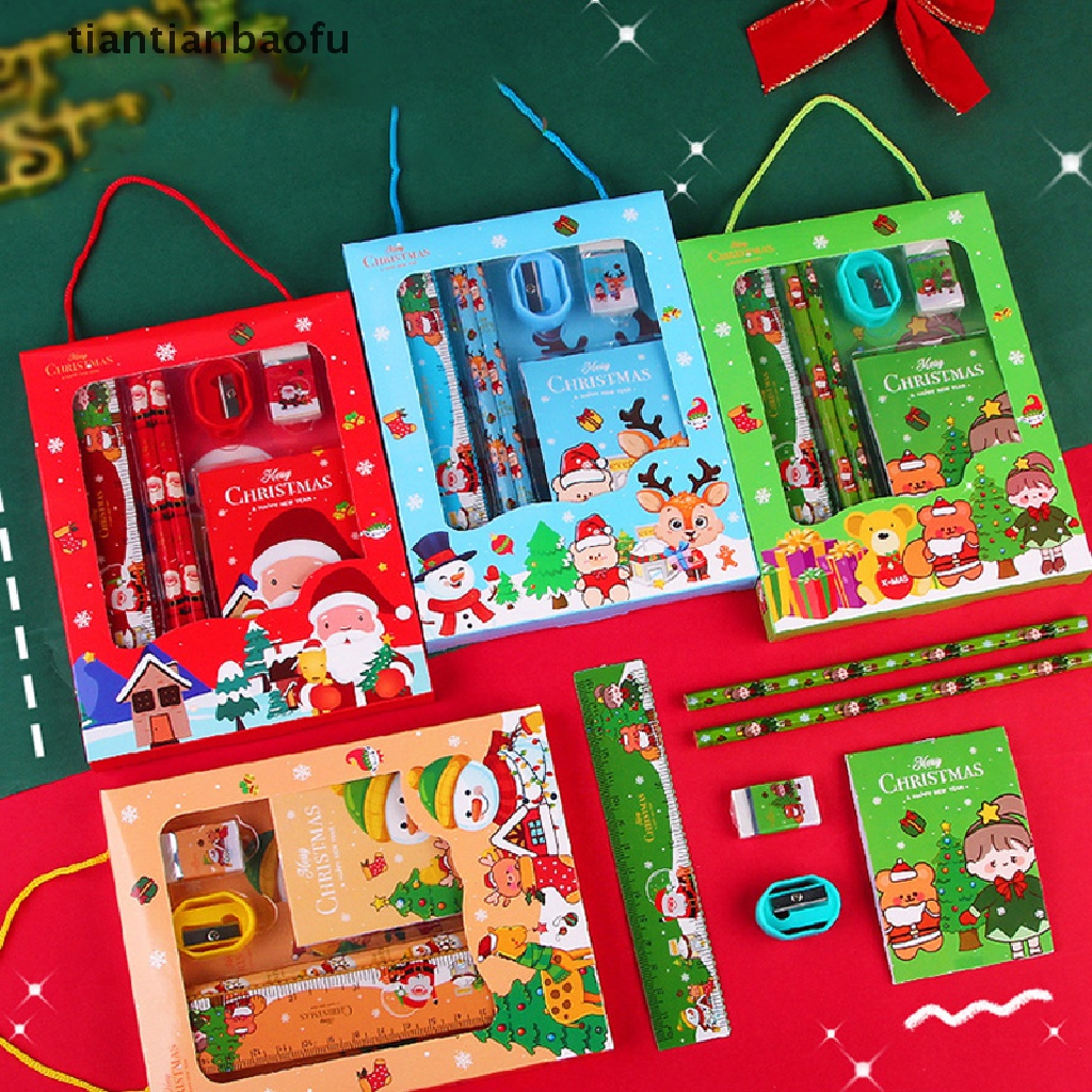 6pcs / Set Pensil + Penghapus + Penggaris + Serutan + Rautan + Rautan Motif Natal Untuk Stationery Anak / Sekolah / Kantor