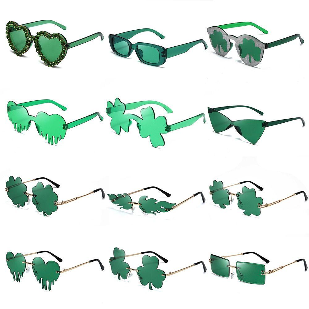 Chookyy Irish Shamrock Kacamata Hitam St. Patrick's Day Aksesoris Kacamata Matahari Wanita Pria Hijau Empat Daun Clover Glasses