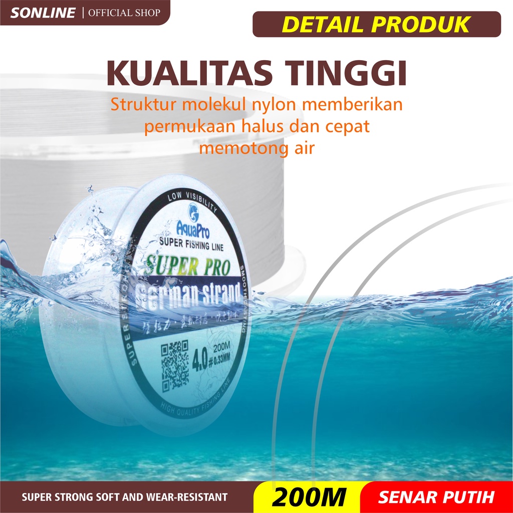 SONLINE Tali Pancing Germany Fishing Line 200m Senar Pancing Invisible Bahan Nilon Tahan Lama Panjang