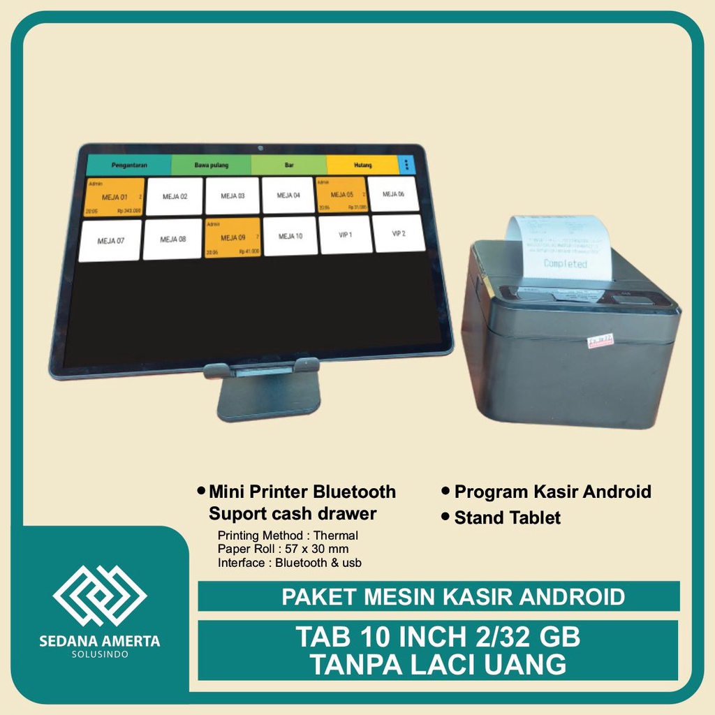 Paket Mesin Kasir Android POS Tablet/Tab 10 Inch 2/32 GB - TANPA LACI UANG : Tab, &amp; Printer Thermal 58mm - cocok untuk Restaurant, Resto, Cafe, Barber Shop, Vape Store, Retail