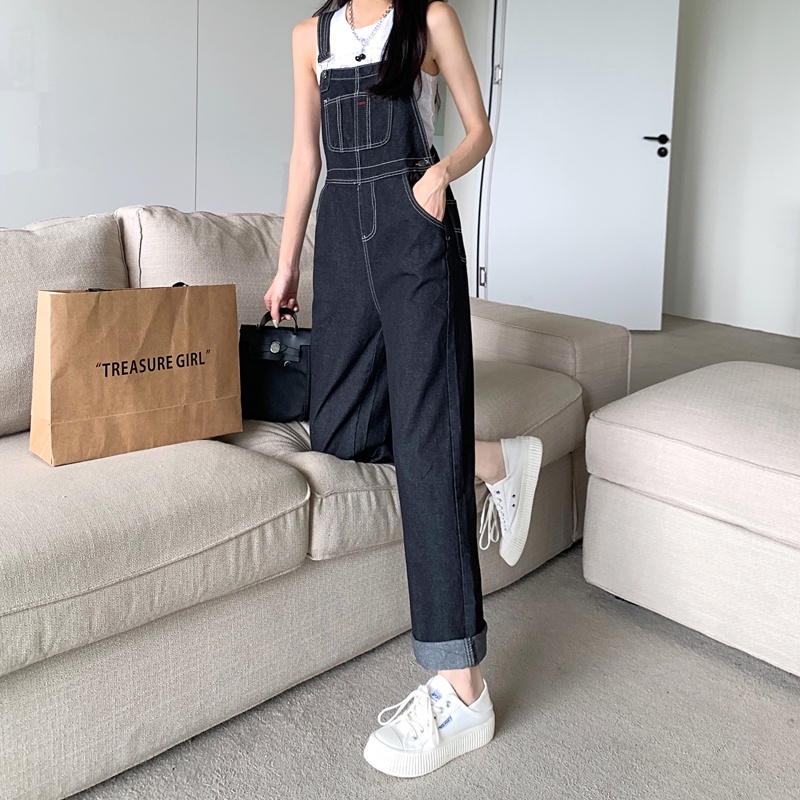 Overall Biru Kaki Lebar Longgar Pinggang Tinggi Gaya Korea Wanita---Kelabu Hitam Celana Kodok Jeans Wanita