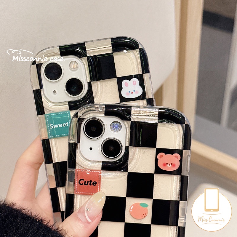 Casing Couple Case Kompatibel Untuk iPhone 7Plus 8Plus XR 11 14 13 12 Pro MAX 7 8 6 6S Plus X XS MAX Kotak-Kotak Beruang Lucu Kelinci Shockproof Airbag Soft TPU Lovers Phone Case