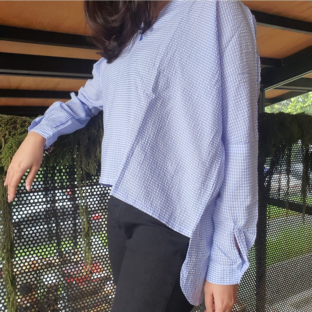 Danielle Gingham Asymetrix crinkle crop top kemeja blouse atasan wanita