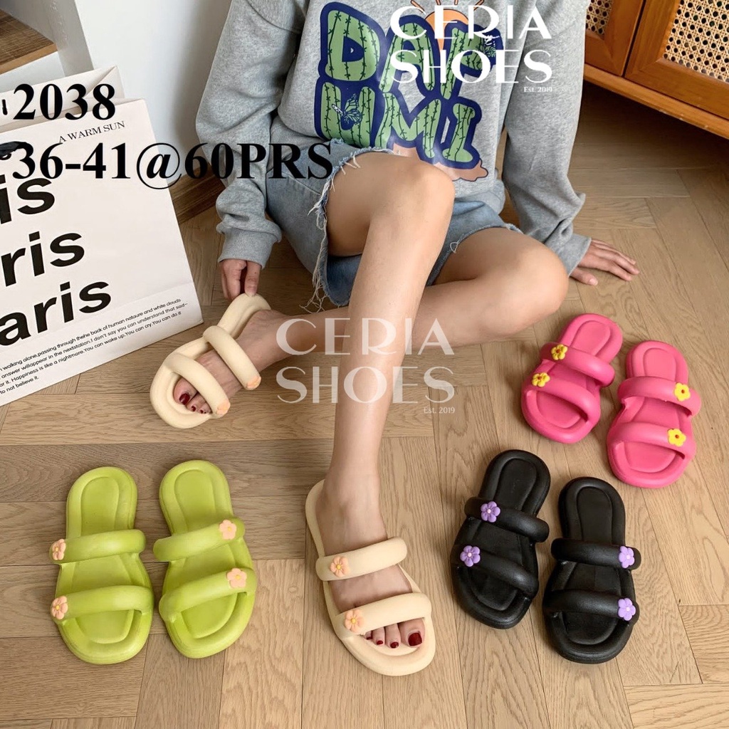 PVC Sandal Slop Jelly Wanita Import BKK Bahan Elastis Empuk Rubber Tebal Non-Slip Sol Super Soft Motif Flower 2025-BUNGA